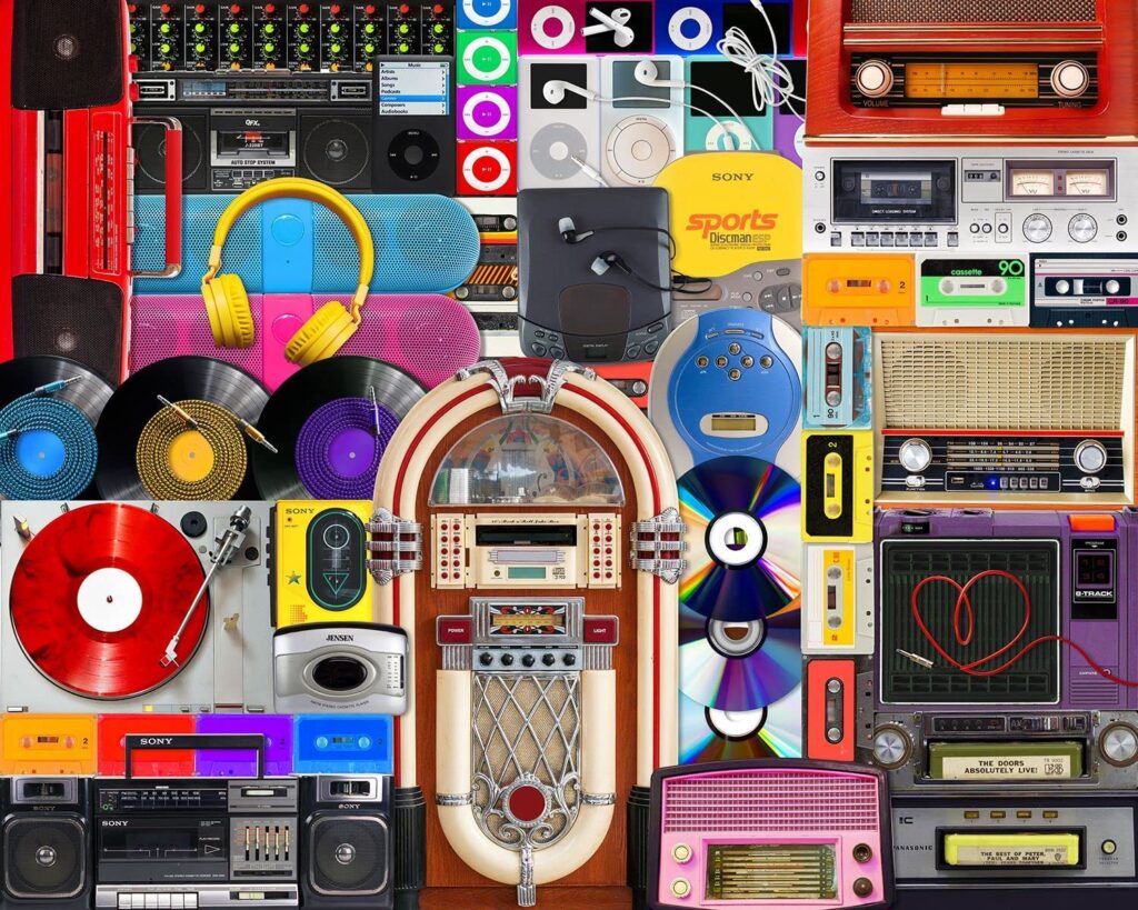Retro Music puzzle consisting of records, record players, a juke box, headphones, and other electronic music devices